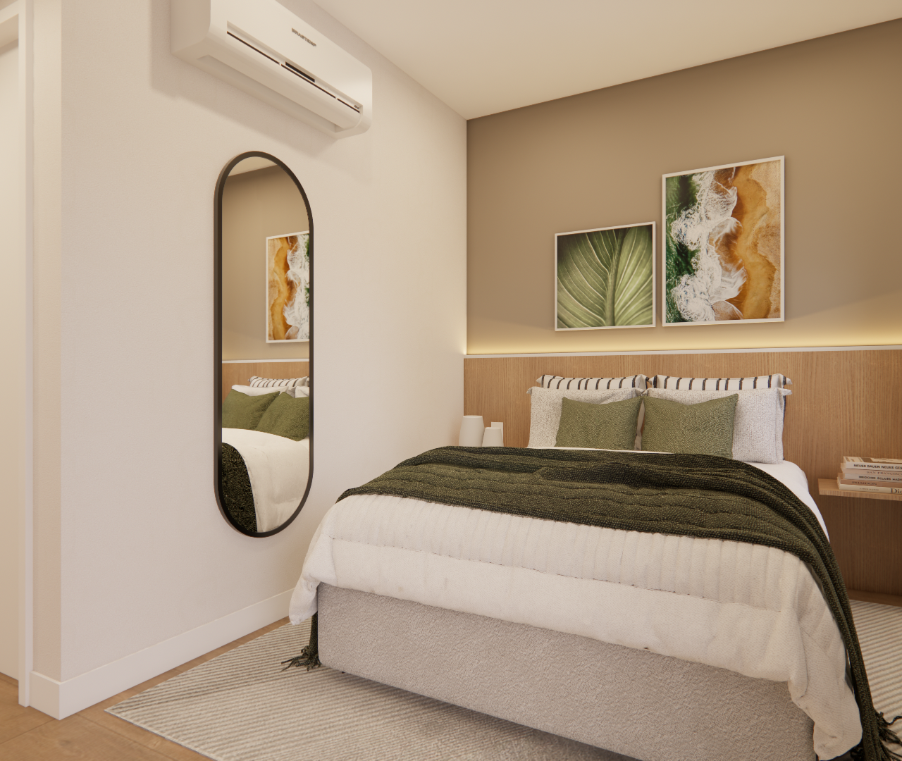 Render 3D de quarto NEX ONE Pereira Coutinho com cama, cabeceira de madeira, espelho orgânico e tons de verde e bege