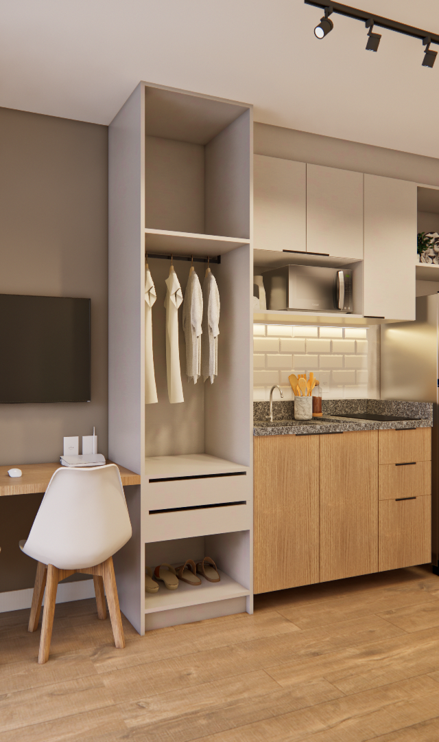 Render 3D de estúdio NEX ONE com mesa de trabalho, cozinha compacta, marcenaria em madeira clara e cinza, iluminação trilho