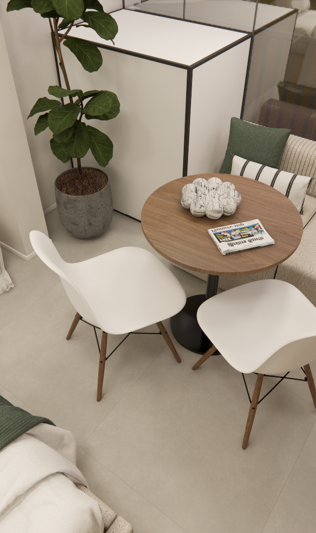 Render 3D de dormitório no Infinity Brooklin com mesa redonda, cadeiras brancas, sofá bege, planta e tons neutros e verdes