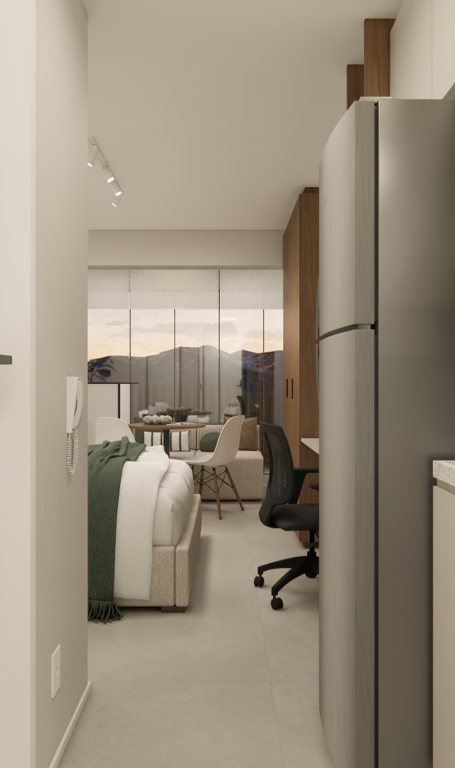 Render 3D de estúdio no Infinity Brooklin com cozinha integrada, marcenaria clara, tons neutros e vista para varanda
