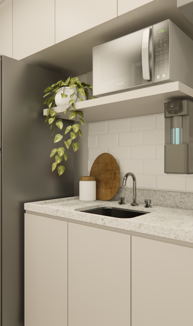 Render de cozinha compacta com marcenaria bege, bancada de pedra clara, eletrodomésticos em inox e revestimento metrô white