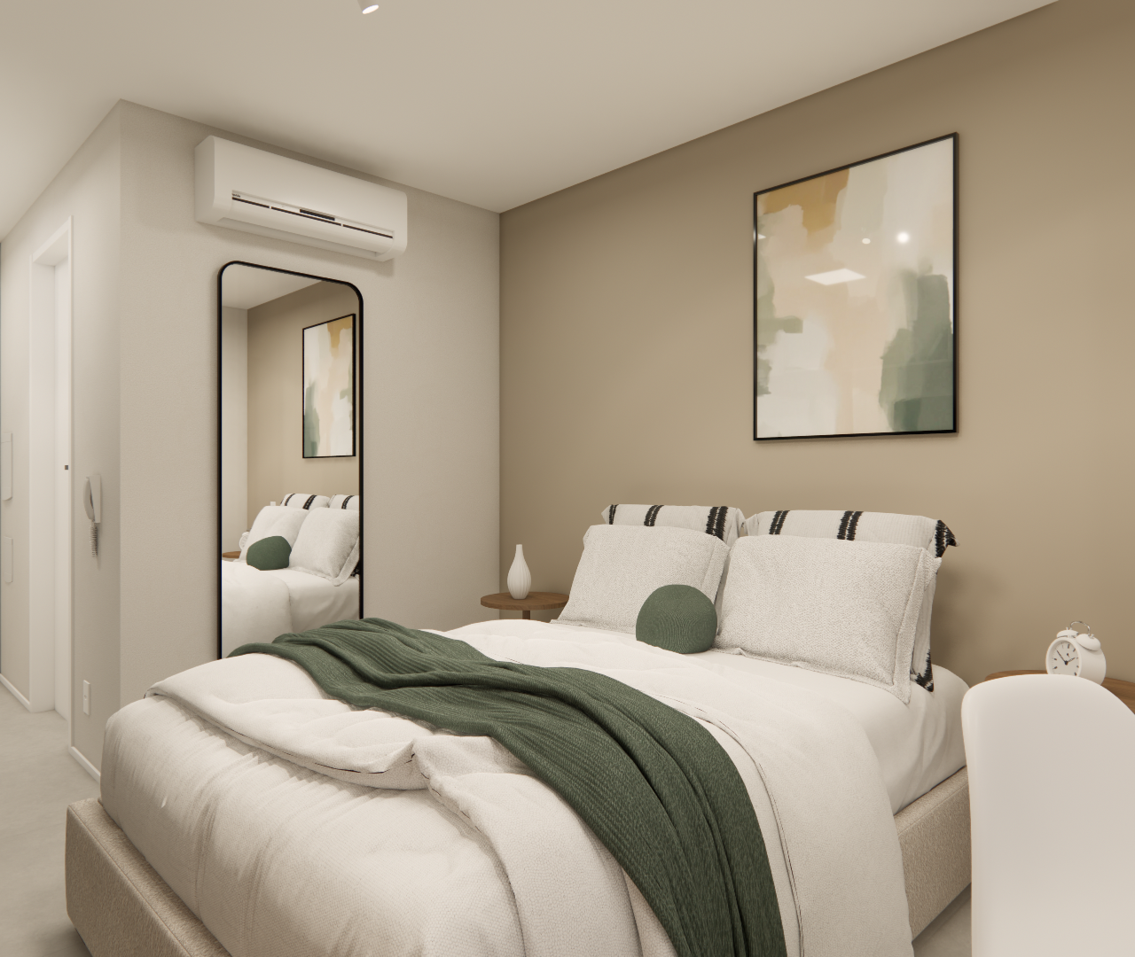 Render 3D de quarto no Infinity Brooklin com tons neutros, cama com manta verde, espelho de chão e iluminação difusa