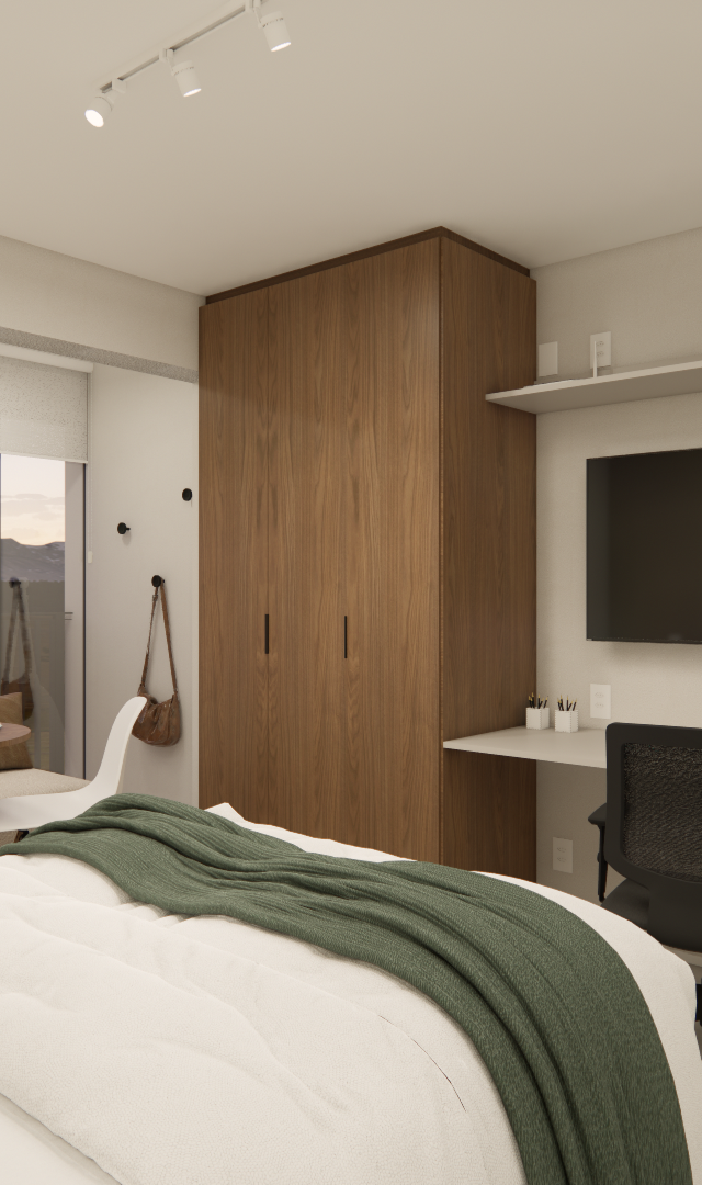 Render 3D de quarto no Infinity Brooklin com marcenaria em tom madeira, escrivaninha, cama, tons de branco e verde oliva