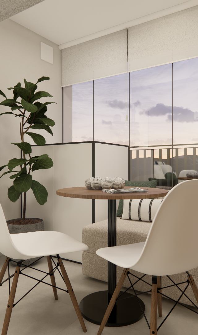 Render 3D de varanda no Infinity Brooklin com mesa redonda, cadeiras brancas, sofá bege, planta e fechamento em vidro