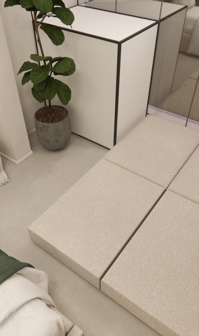 Render 3D de quarto no Infinity Brooklin, com cama, mesa lateral, pufe bege, planta, marcenaria em madeira e vidro