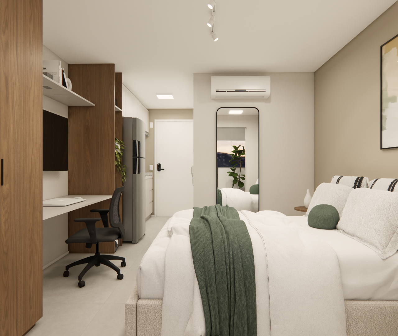 Render 3D de quarto no Infinity Brooklin com marcenaria em madeira, tons neutros, manta verde, mesa de trabalho e espelho