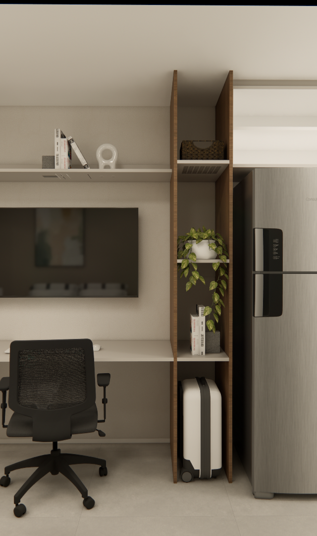 Render 3D do Infinity Brooklin com marcenaria integrada em tons de madeira e branco, mesa de trabalho e cozinha compacta