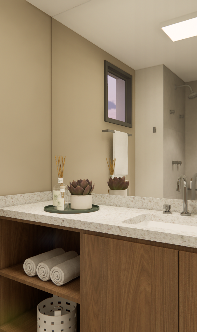 Render 3D de banheiro Infinity Brooklin com bancada de granilite, marcenaria em tom amadeirado, espelho e iluminação suave