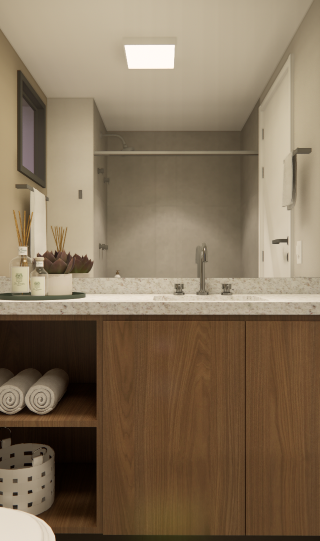 Render 3D de banheiro Infinity Brooklin com bancada de granito, marcenaria em tom madeira, espelho e iluminação difusa