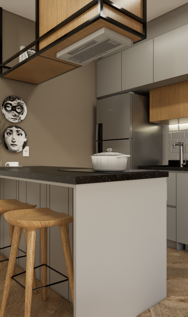 Render 3D de cozinha compacta com ilha, marcenaria cinza e madeira, bancada preta e iluminação embutida na Vila Mariana