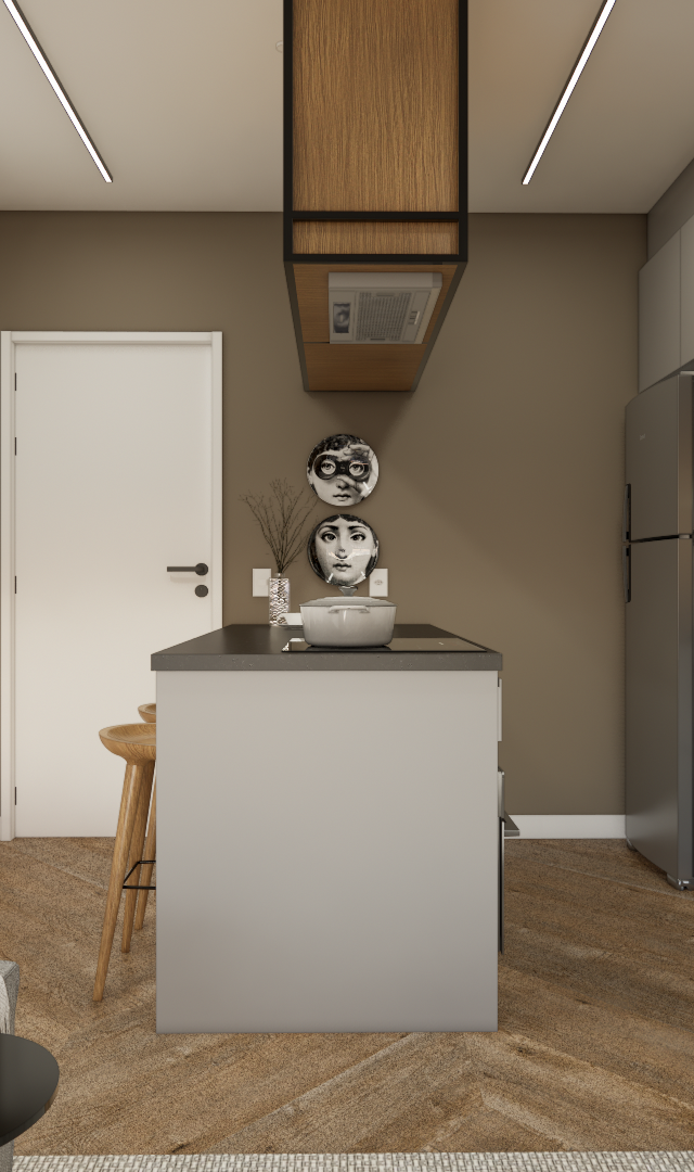 Render 3D de cozinha compacta em Vila Mariana com marcenaria cinza e madeira, ilha central, parede marrom e iluminação linear