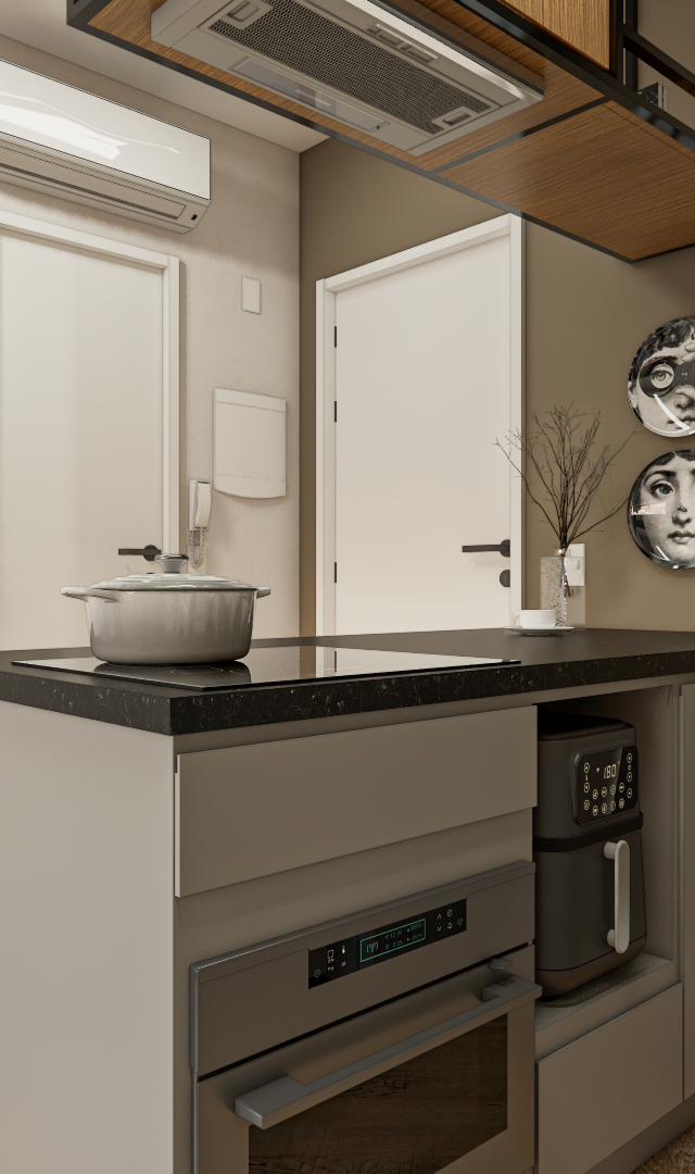 Render 3D de cozinha compacta em tons cinza, bancada preta com cooktop, marcenaria planejada e paredes bege em apartamento