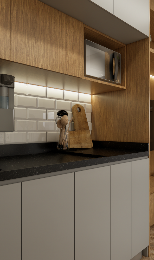 Render 3D de cozinha compacta com marcenaria em madeira e cinza, bancada preta, revestimento tipo metrô e poltrona cinza