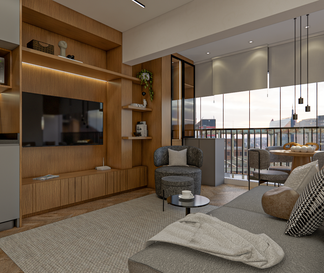 Render 3D de sala e cozinha integradas, marcenaria em madeira, sofá cinza, poltrona e varanda iluminada em São Paulo