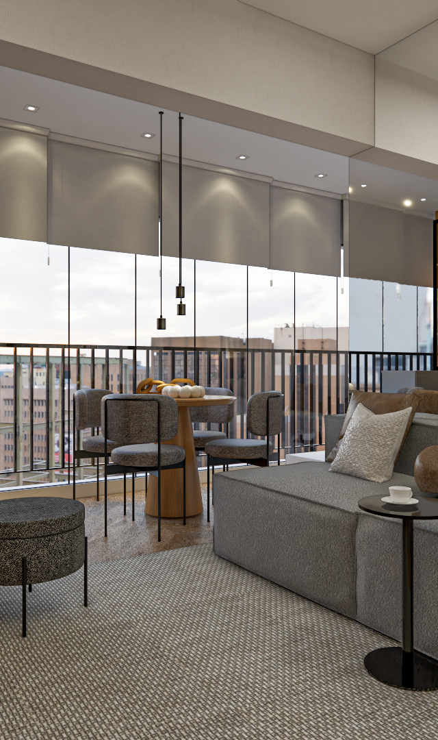 Render 3D de sala integrada ao terraço com sofá cinza, poltrona, mesa redonda de madeira e iluminação em tons neutros