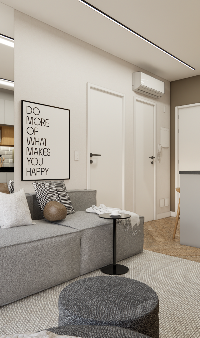 Render 3D de sala e cozinha integradas, tons de cinza e madeira, sofá cinza, iluminação linear e decoração moderna