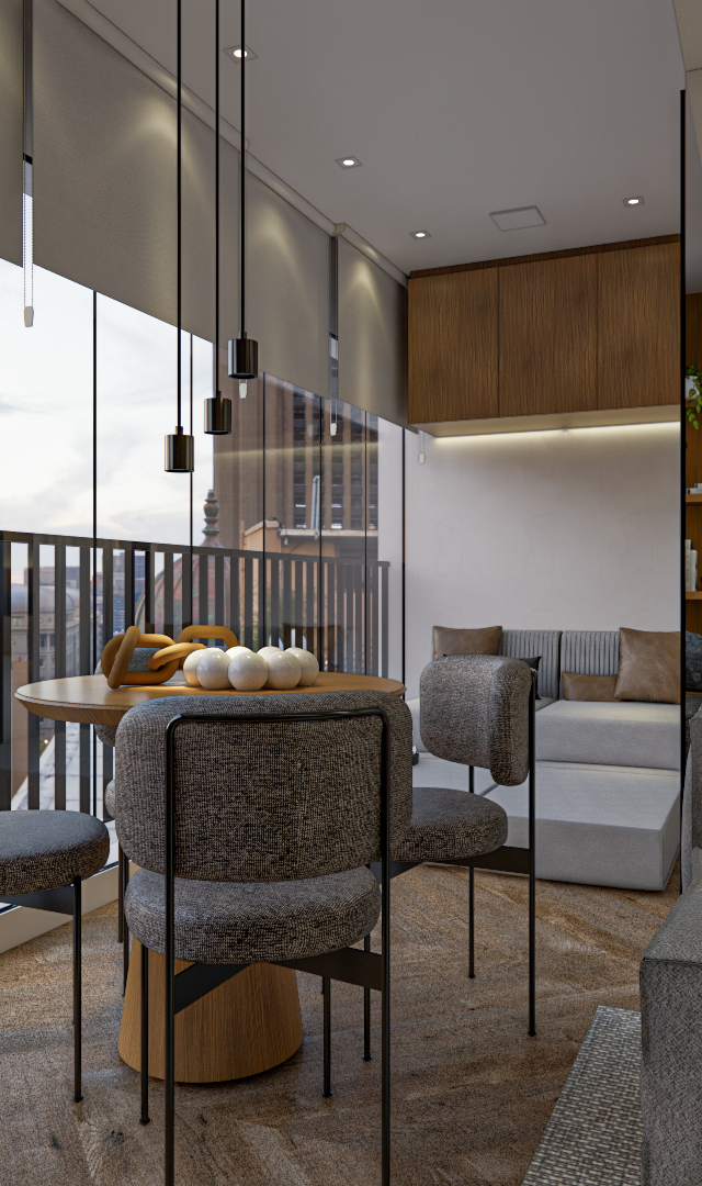 Render 3D de sala e varanda integrada, marcenaria em madeira, tons cinza, mesa redonda, cadeiras estofadas e vista urbana