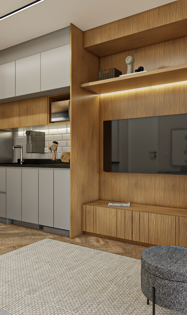 Render 3D de sala e cozinha integradas, marcenaria em madeira e cinza, poltrona cinza, iluminação quente e estilo moderno