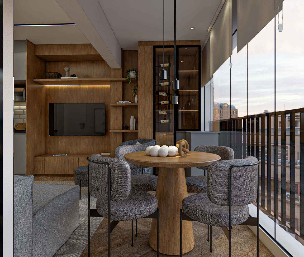 Render 3D de varanda gourmet com mesa redonda, cadeiras cinzas, marcenaria em madeira, adega e fechamento em vidro