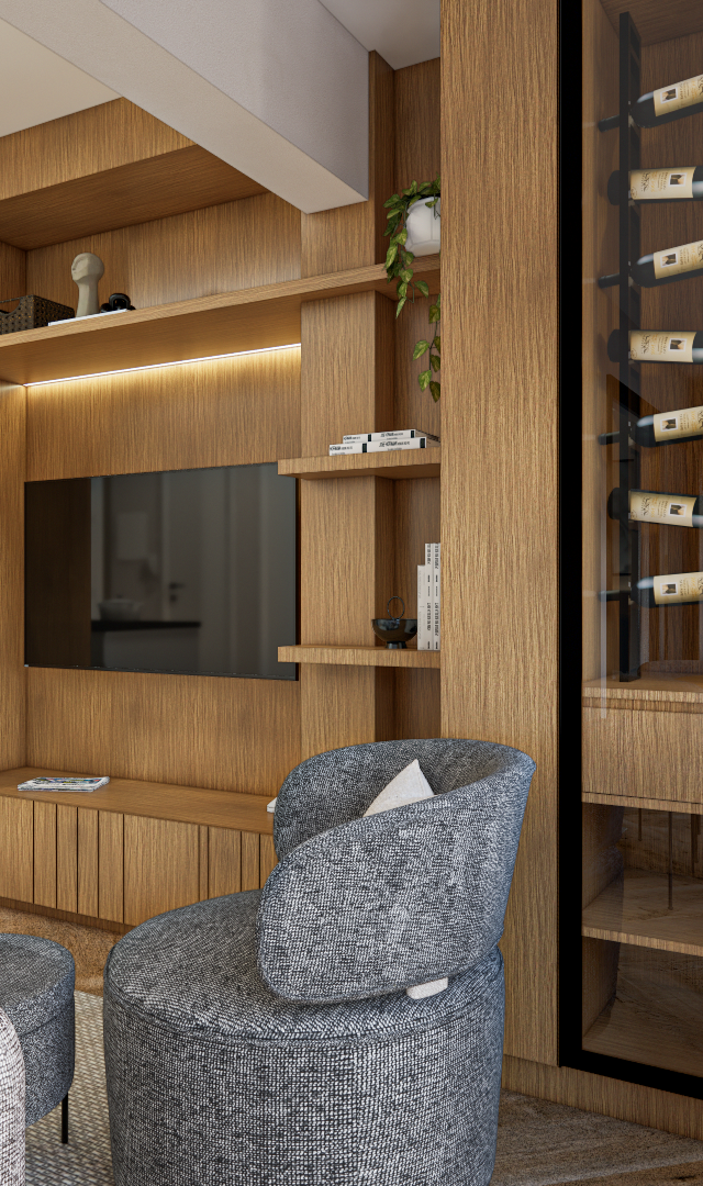 Render 3D da sala com marcenaria em madeira, adega, poltronas cinzas e cozinha integrada com armários claros e iluminação
