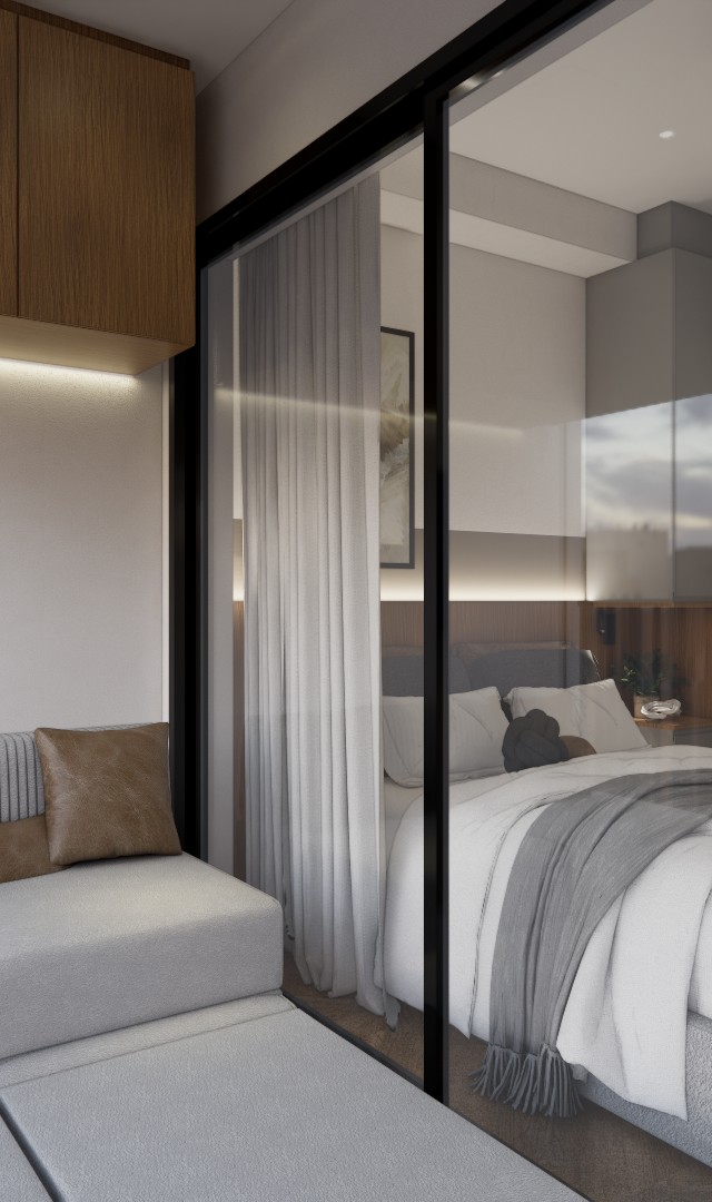 Render 3D de varanda com sofá cinza, armário de madeira suspenso e quarto integrado por porta de correr de vidro e cortina