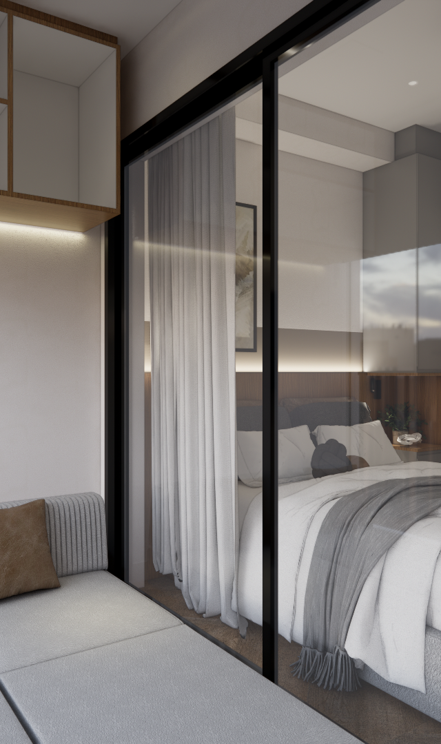 Render 3D de varanda e quarto separados por divisória de vidro com cortinas, tons cinza, marcenaria em madeira e iluminação