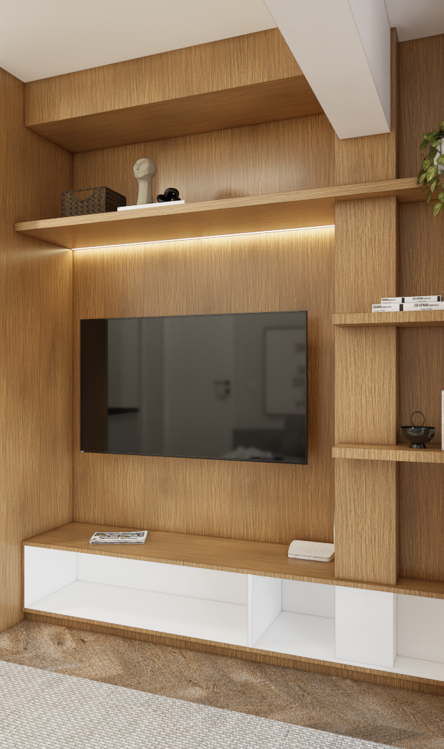 Render 3D de sala e cozinha integradas, marcenaria em madeira e branco, painel de TV com iluminação e adega embutida