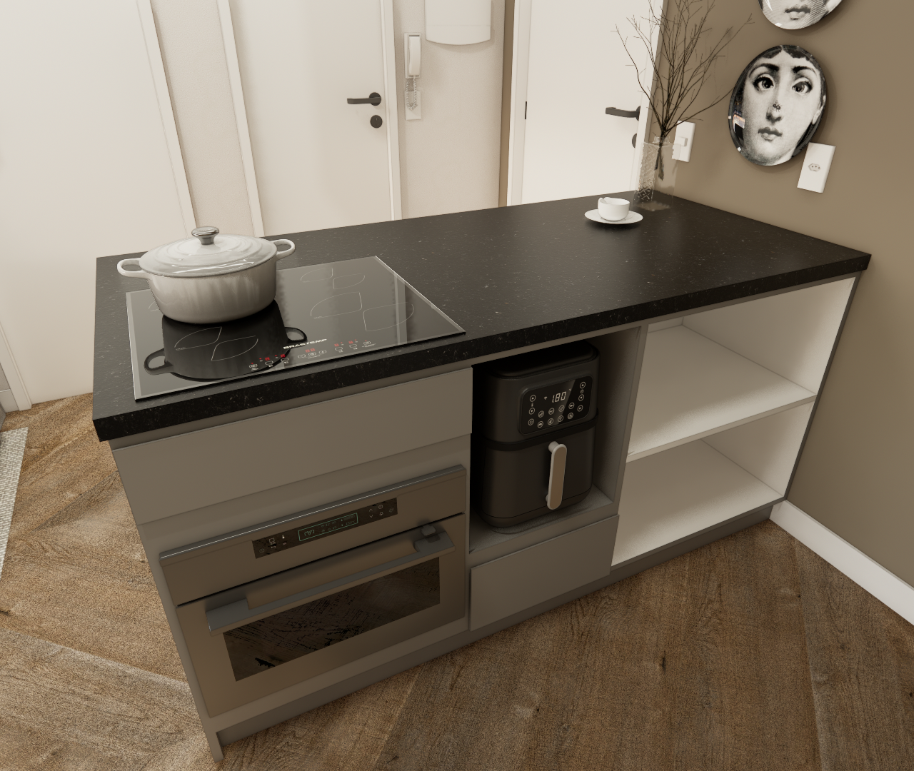 Render 3D de ilha de cozinha cinza com tampo preto, cooktop, forno embutido, nichos abertos e parede marrom com decoração