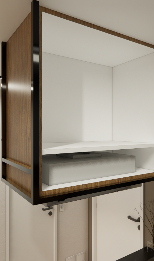 Render 3D de marcenaria aérea em madeira e estrutura metálica preta com nicho aberto em ambiente de apartamento em SP