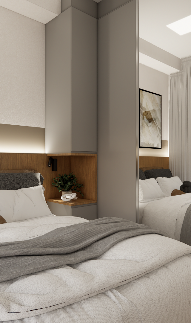 Render 3D de quarto pequeno com cama, marcenaria em madeira e cinza, guarda-roupa espelhado e iluminação indireta quente