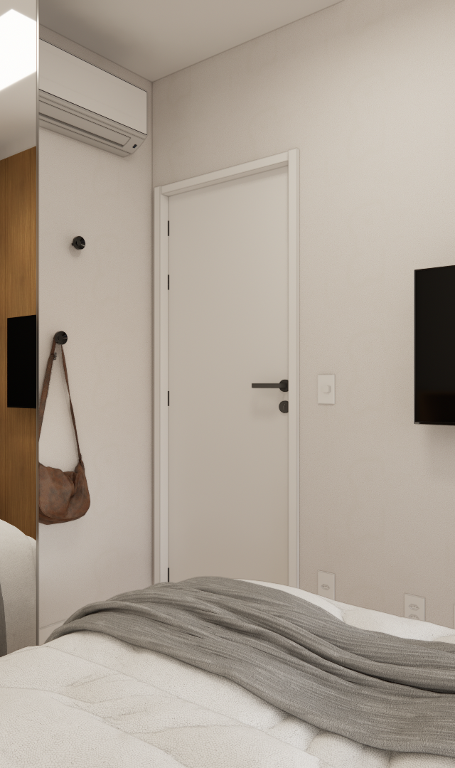 Render 3D de quarto pequeno com TV na parede, painel de madeira, espelho, cama com manta cinza e iluminação neutra