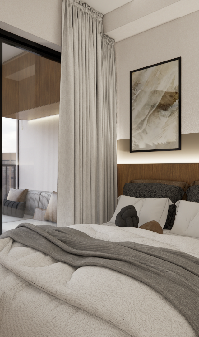 Render 3D de quarto com cama em tons neutros, cabeceira de madeira e iluminação indireta, integrado a varanda na Vila Mariana