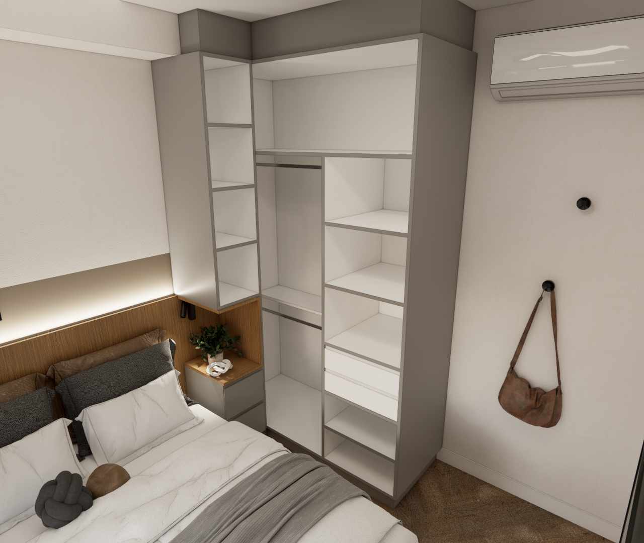 Render 3D de quarto pequeno com guarda-roupa cinza, cabeceira de madeira com luz indireta, cama e ar-condicionado na parede