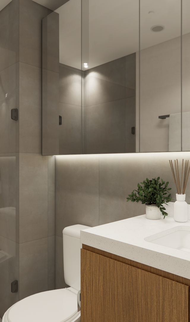 Render 3D de banheiro compacto com revestimento cinza, marcenaria em madeira, metais pretos e iluminação em fita de LED