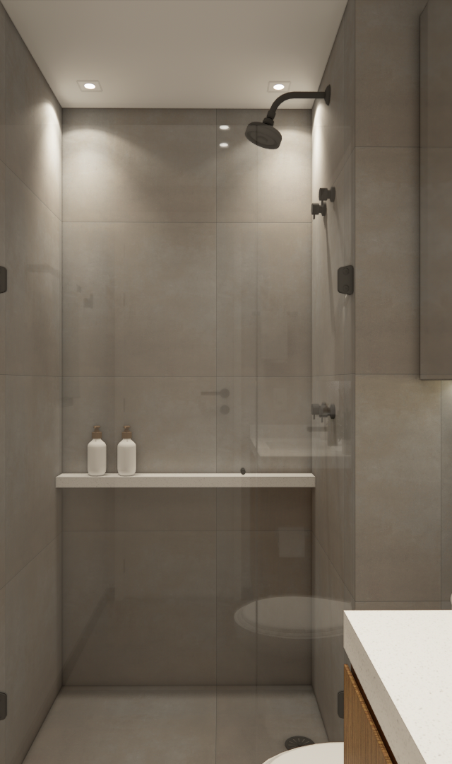 Render 3D de banheiro com revestimento cinza, box de vidro, metais pretos, espelho com LED e bancada de pedra clara