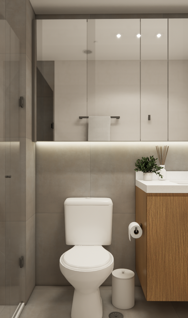 Render 3D de banheiro compacto cinza com marcenaria em madeira, box de vidro, metais pretos e iluminação indireta led