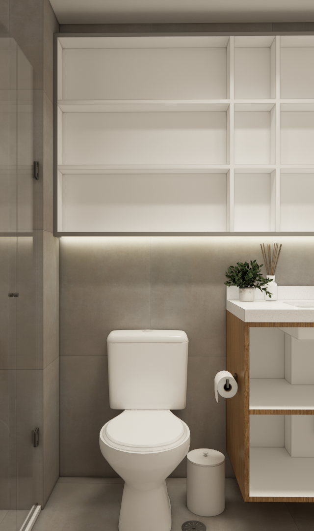 Render 3D de banheiro moderno cinza com marcenaria em madeira clara, nichos brancos, box de vidro e iluminação indireta