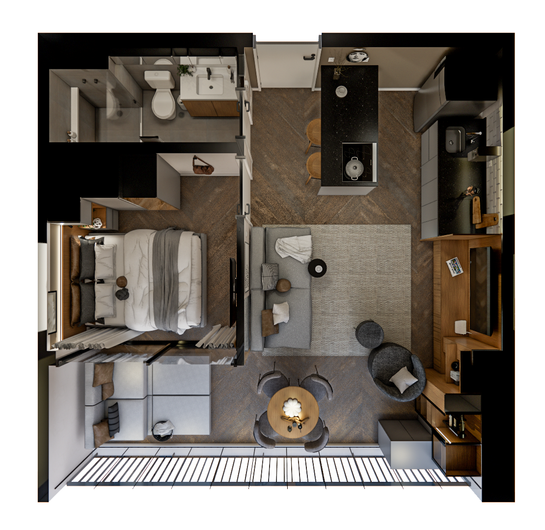 Planta baixa 3D de apartamento 43m² com piso amadeirado, tons de cinza, marcenaria em madeira e cozinha integrada com ilha