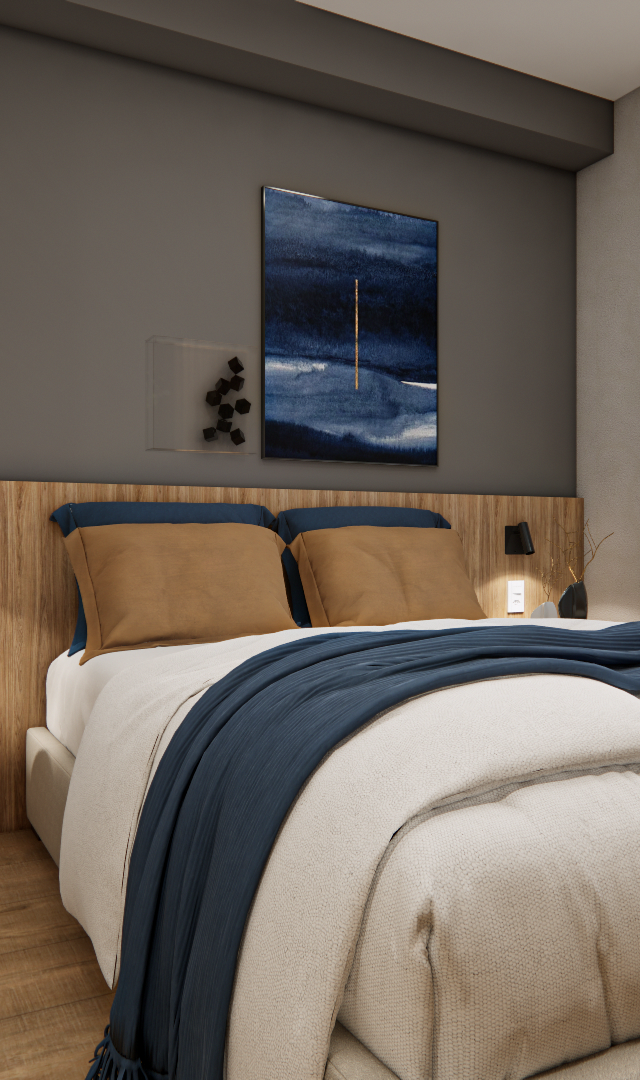 Render 3D de quarto pequeno com cabeceira em madeira, parede cinza, cama com enxoval azul e ocre e iluminação aconchegante