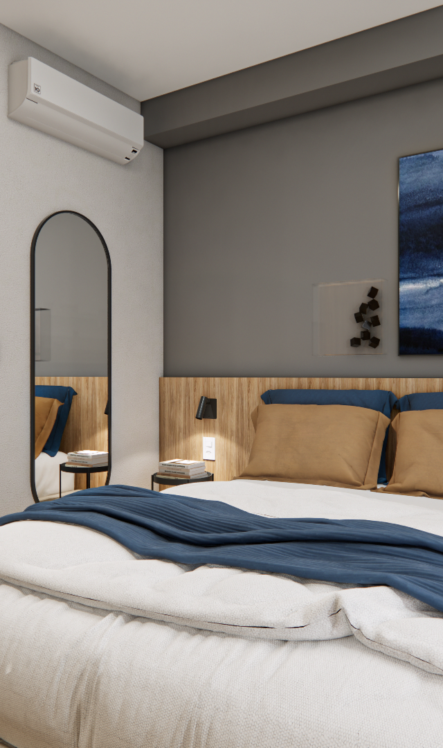 Render 3D de quarto em Moema com marcenaria amadeirada, paredes cinzas, cama com roupa de cama azul e bege e iluminação suave