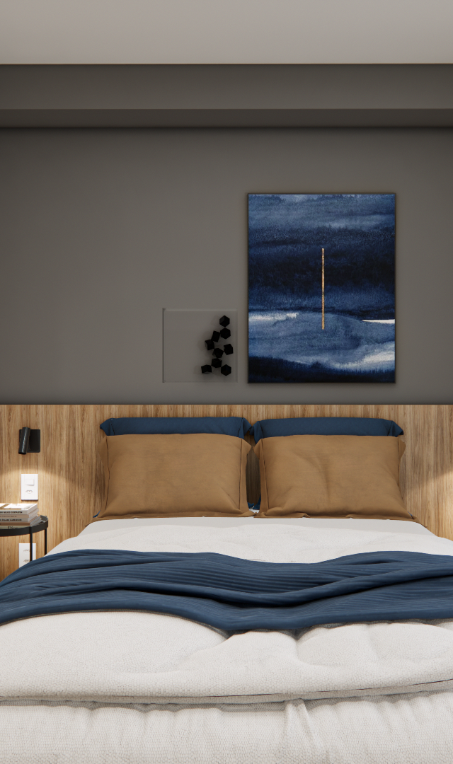 Render 3D de quarto em Moema com cabeceira de madeira, detalhes em azul e cinza, espelho oval e iluminação aconchegante