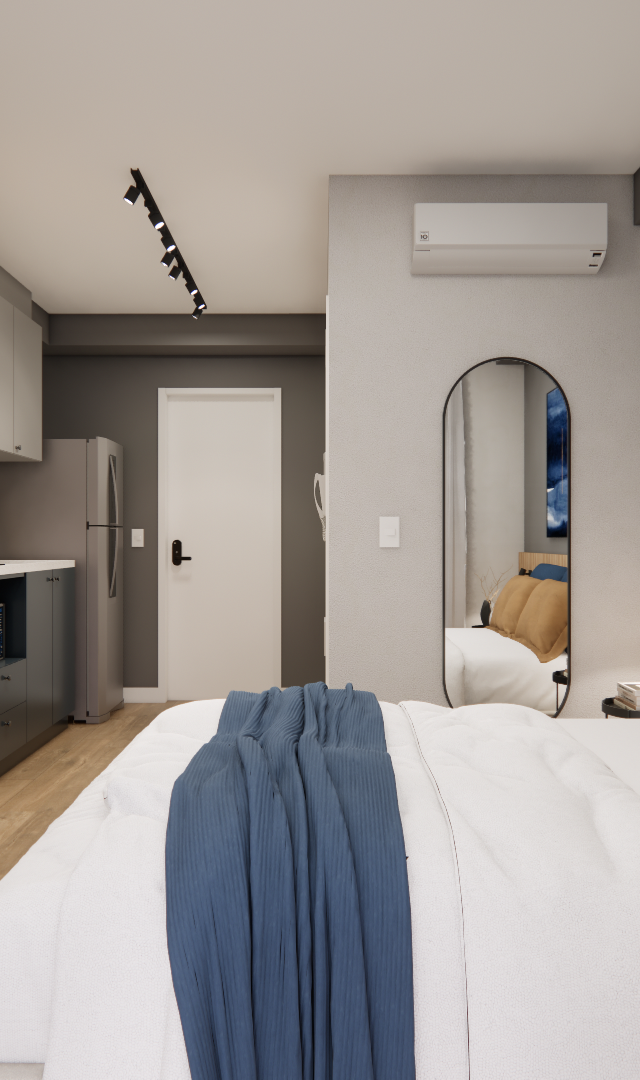 Render 3D de estúdio em Moema com cama, home office, marcenaria em madeira e tons de cinza, azul e bege com luz pontual