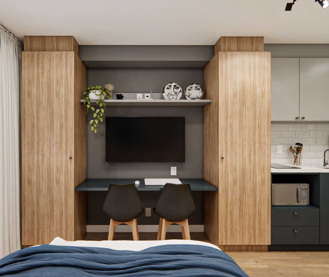 Render 3D de estúdio compacto em Moema com marcenaria em madeira clara, bancada azul, TV, cadeiras pretas e cozinha cinza