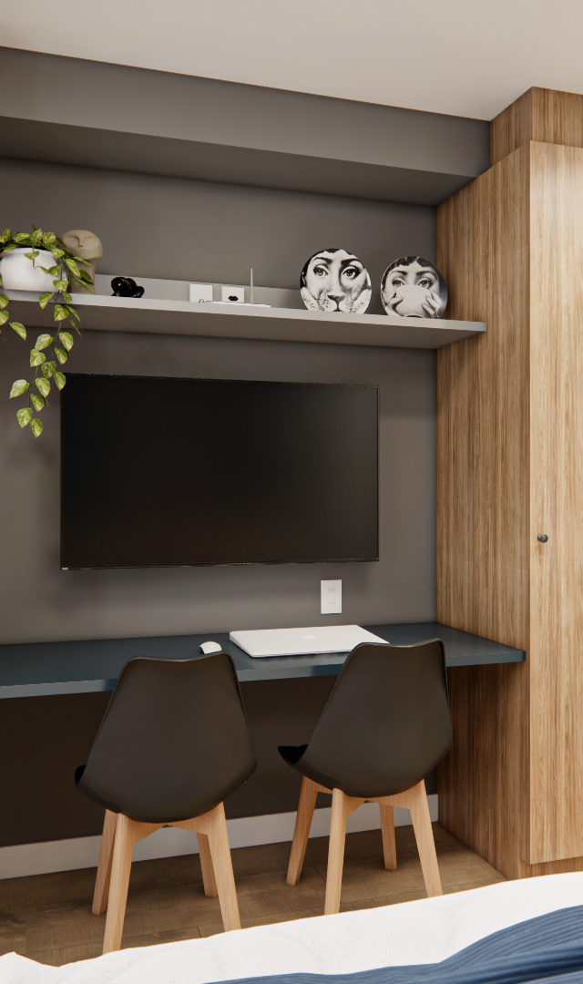 Render 3D de estúdio compacto em Moema com marcenaria em madeira e cinza, bancada de trabalho, TV e cozinha linear moderna