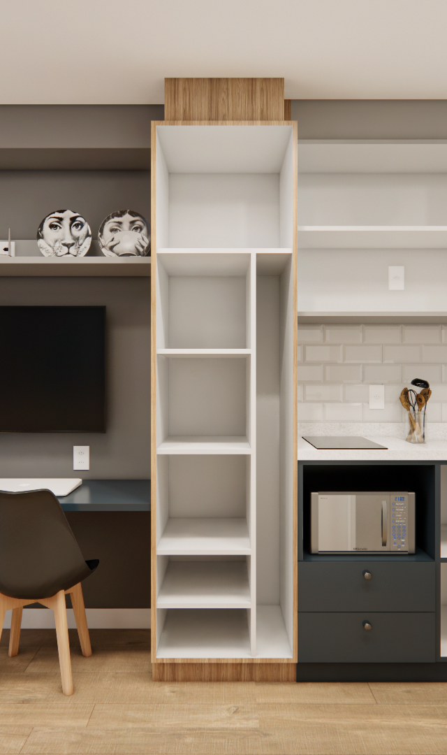 Render 3D de estúdio em Moema com marcenaria em madeira e cinza, bancada de trabalho, cozinha compacta e piso amadeirado