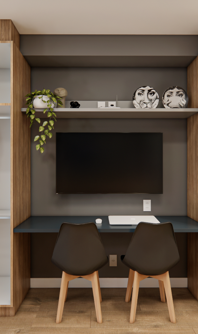 Render 3D de estúdio em Moema com marcenaria em tons amadeirado, cinza e azul, mesa de trabalho, TV e cozinha compacta