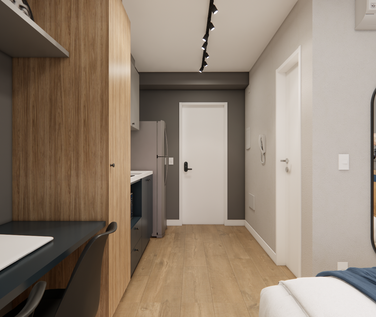 Render 3D de estúdio em Moema com marcenaria amadeirada, mesa preta, cozinha compacta, piso vinílico e tons neutros