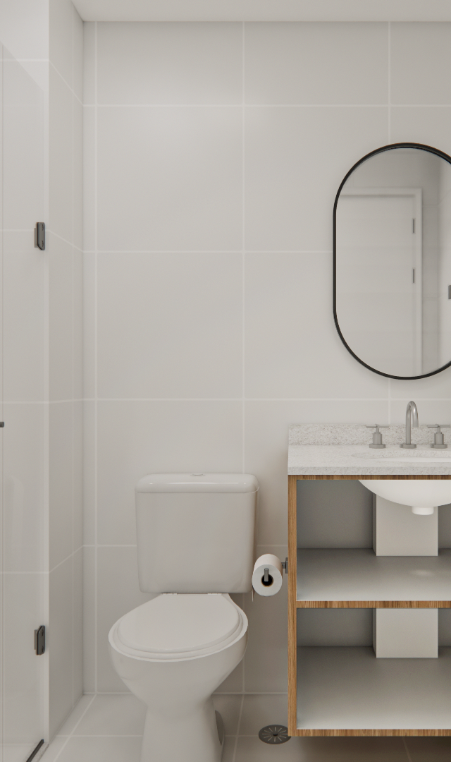 Render 3D de banheiro compacto com azulejos claros, box de vidro, espelho oval e gabinete com prateleiras em madeira