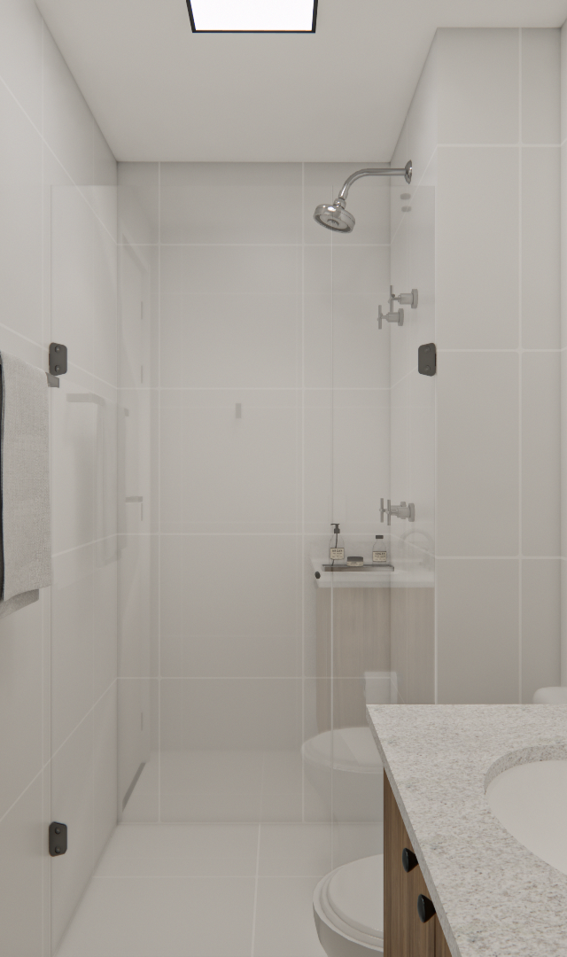 Render 3D de banheiro compacto no FR Collection Moema com revestimento branco, espelho oval, bancada em granito e box