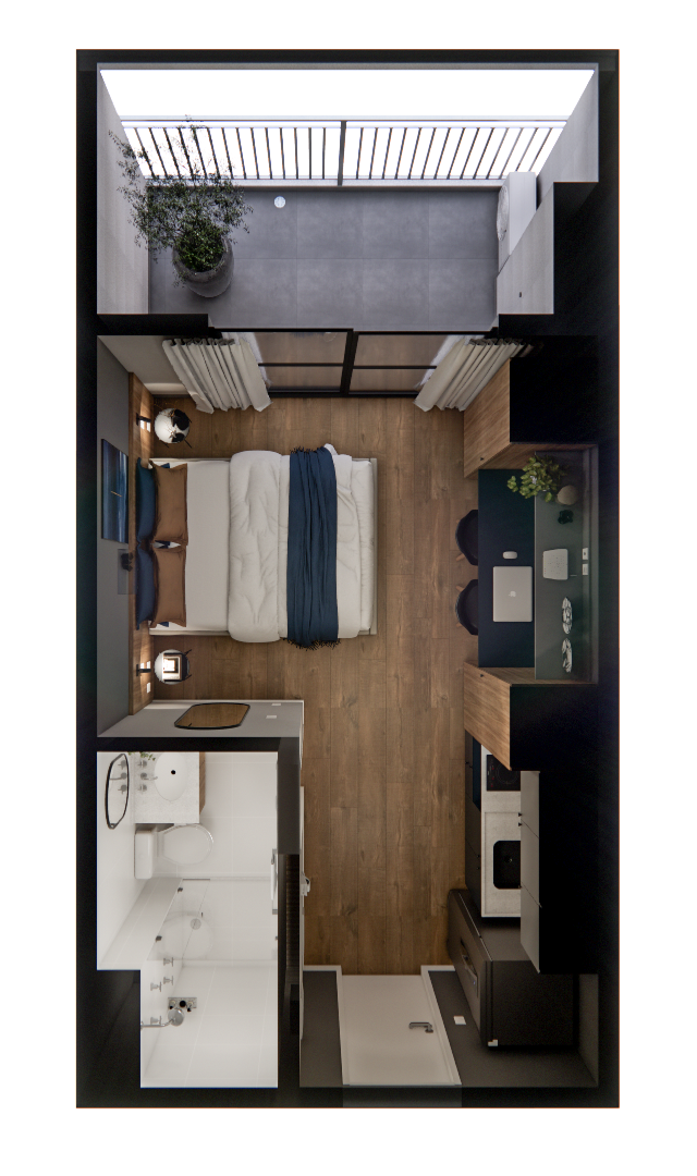 Planta baixa 3D de studio com 21m² em Moema: quarto com cama, marcenaria em tons de madeira, área de trabalho e banheiro branco